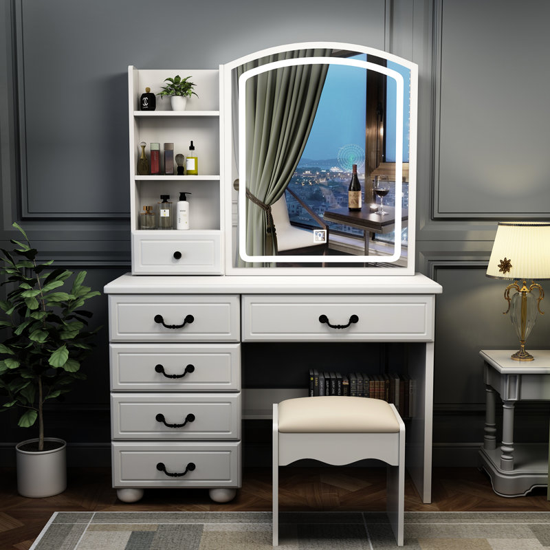 Coiffeuse élégante avec éclairage et table - 3 couleurs au choix, meuble de rangement avec grand miroir, 6 tiroirs, construction