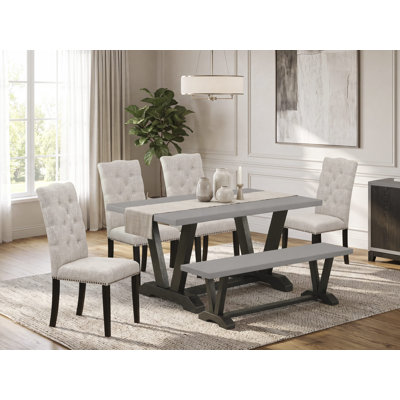 Table de salle à manger rectangulaire avec finition en chêne massif et plateau en bois massif avec chaises et dossier en treillis