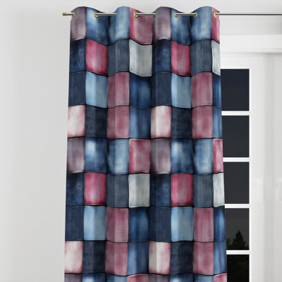 Patchwork Velvet Curtains - Red Linen Patch Grommet Curtain - 1 Panel