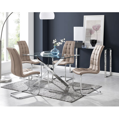 Lenworth Modern Chrome Metal and Glass Dining Table Set with 4 Luxury Faux Leather Dining Chairs