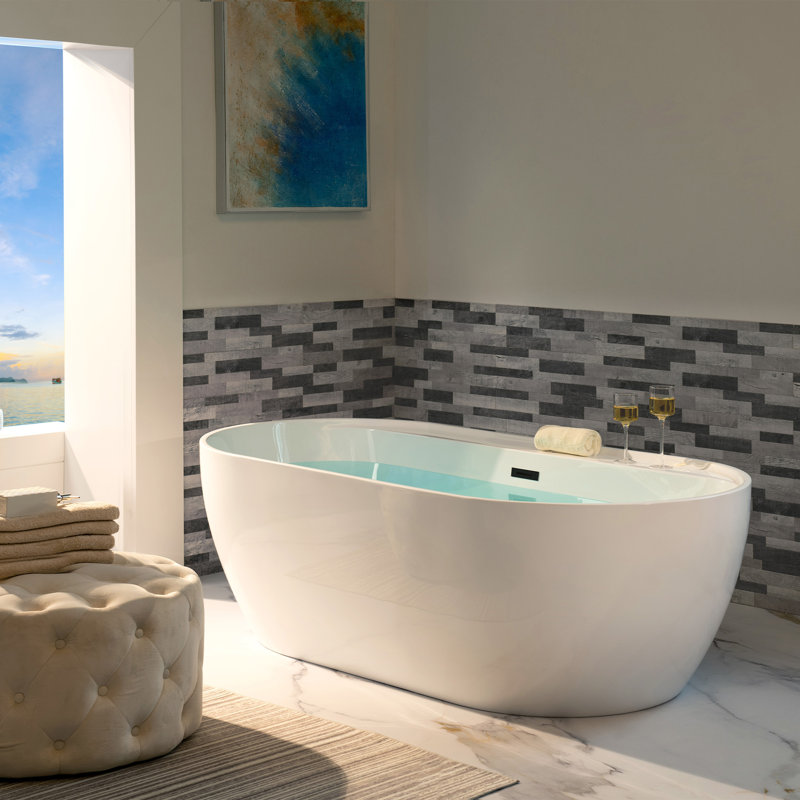 67" x 31.5" Freestanding Soaking Acrylic Bathtub, Matte Black, White