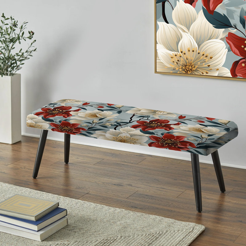 Motif floral orchidées rouges et blanches - Banc noir rembourré floral