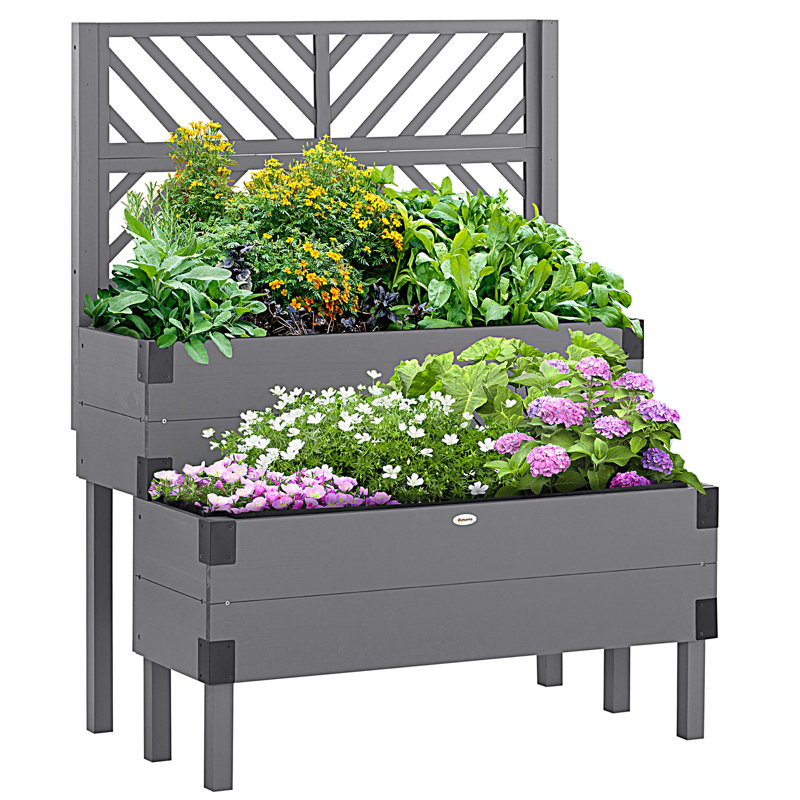 Raised Garden Bed with Trellis, 2 Tier Wooden Elevated Planter Box with Legs and Metal Corners, for Vegetables, Flowers, Gray