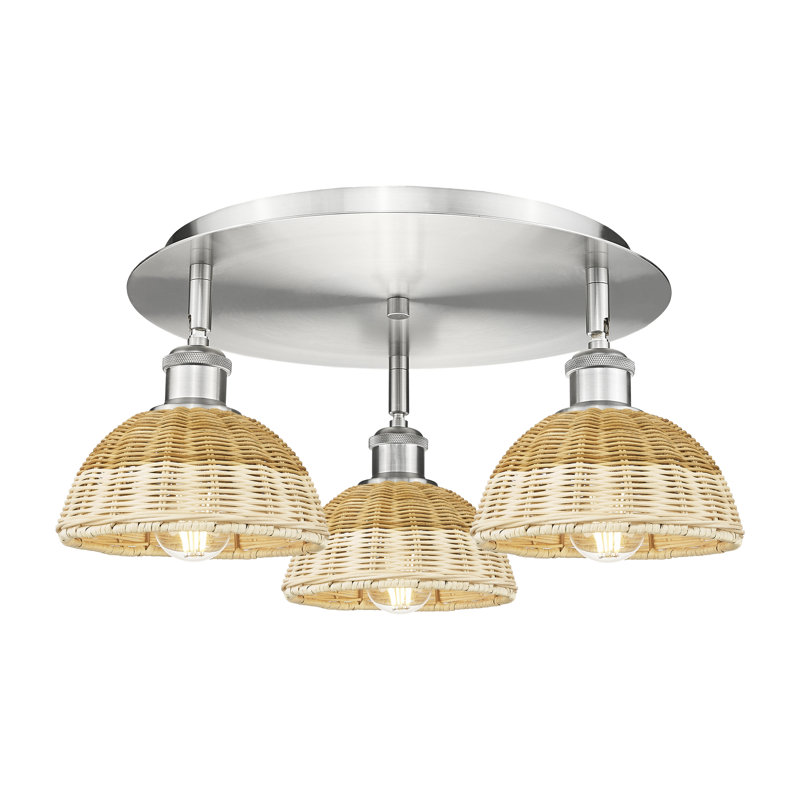 Ballston - Bristol Natural II - 3 Light 19" Flush Mount - Satin Nickel Finish - Natural Shade, 8.75" H x 19.25" W x 19.25" D