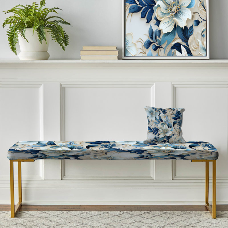 Banc floral rembourré or, Motif cachemire d'une oasis de repos de style bord