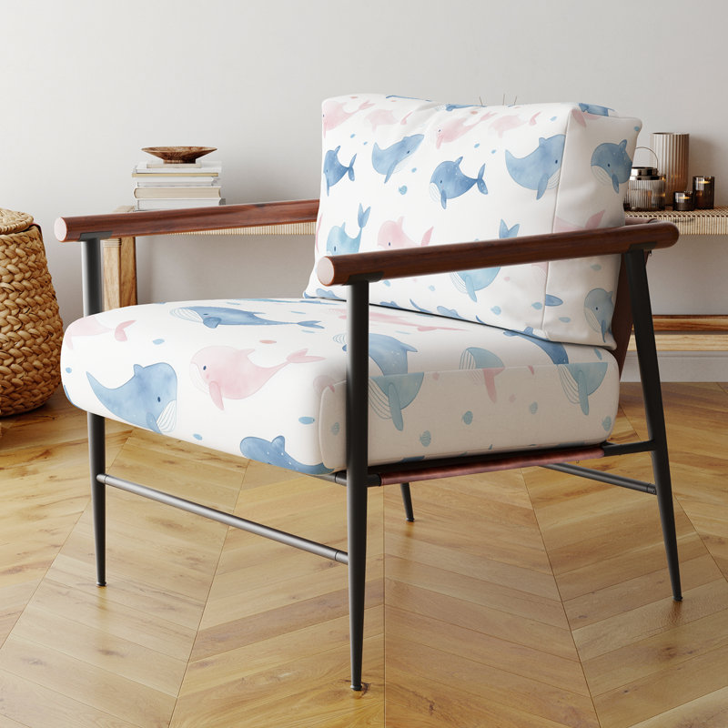Chaise d'appoint pour enfants, fauteuil bleu Little Whales, Bras ronds bruns