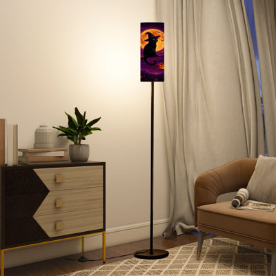 68.5" Standing Floor Lamp Cat Broomstick Witch Hat Pumpkin Lanterns Against Full Moon Dimmable Metal Pole Lamp with Linen Lampshade LED Bulb Included