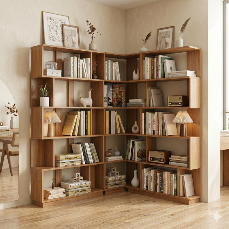 Ensemble de 2 bibliothèques combinées gratuites, bibliothèque d'angle peu encombrante, tablettes de rangement ouvertes en forme de L et en I de 55 cm + 80 cm, chêne foncé