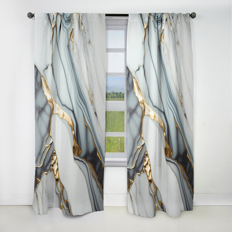 Rideau occultant abstrait en marbre doré et blanc Abstract Geode V - 1 panneaux, L 52 po x L 95 po