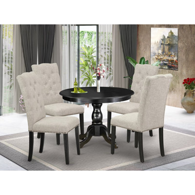 L'ensemble 5 pièces de table et chaises de cuisine comprend une table de salle à manger ronde avec piédestal et 4 chaises rembourrées en tissu de lin, noir brossé
