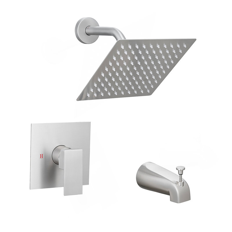 Faucet Modern Brushed Nickel Shower Faucet, Tub And Shower Trim Kit With Single-Spray Touch-Clean Brushed Nickel Square Shower Head, Brushed Nickel (Valve Not Included)