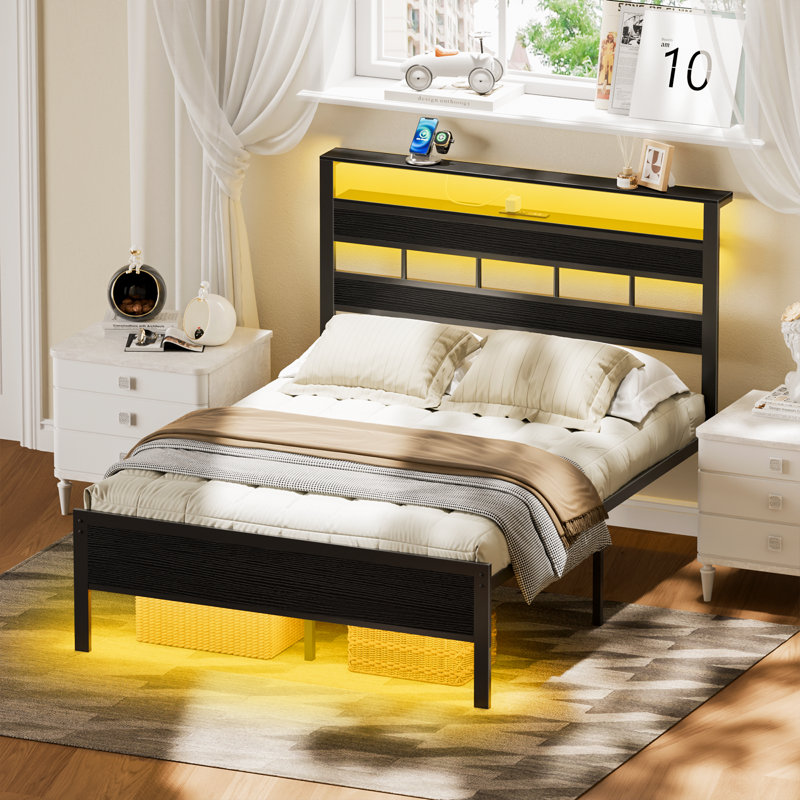 Metal Bed Frame with Charging Station, RGB LED Lights and Storage Headboard, Full / Double