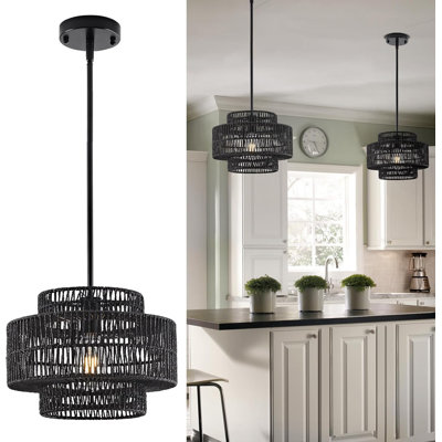 Lustre en rotin Boho tissé à la main avec hauteur réglable, douille E26 à intensité variable et tambour plaqué noir pour l'éclairage de maison de campagne, de cuisine, de salon et de chambre à coucher