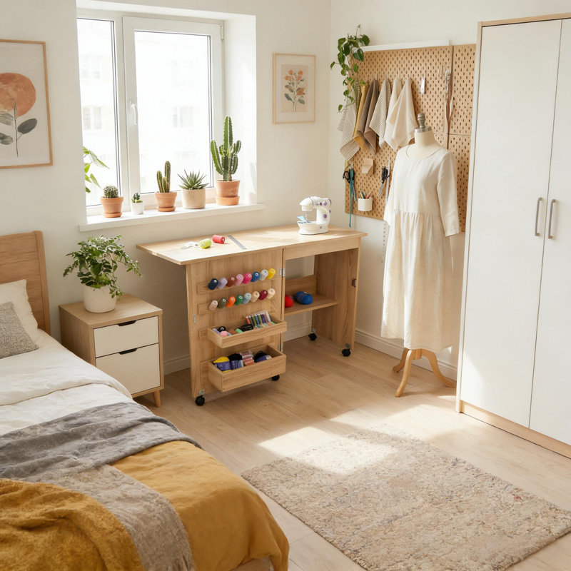 Table de couture pliante avec design compact, roues et tablettes de rangement, plateau de rangement pour la chambre à coucher