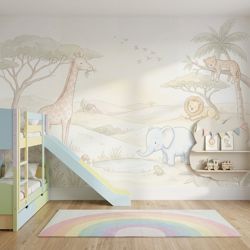 Papier peint safari, décoration murale pastel amovible, 100 po x 96 po, Peler et coller