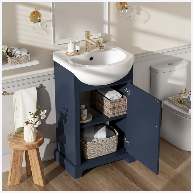 Meuble-lavabo autoportant de 20 po de style français avec lavabo en céramique, porte à fermeture douce et lavabo en céramique bombé, bleu