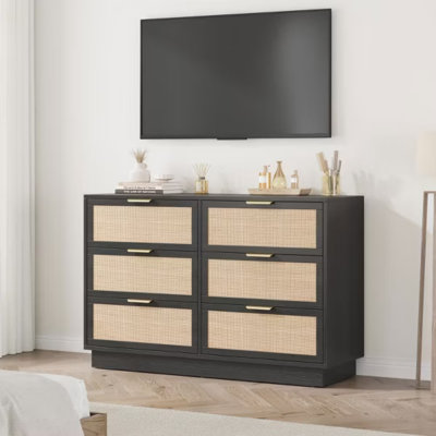 6 Drawer Dresser, Wide Chest with Metal Handles and Wood Base, Storage Organizer for Bedroom, Living Room by Dakota Fields