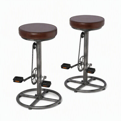 Ensemble de 2 tabourets de bar pivotants réglables industriels, chaîne de vélo rétro et tabouret de bar avec siège rembourré en similicuir, base ronde en métal pour îlot de cuisine