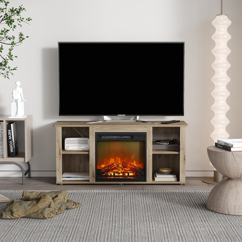 Meuble télé 47,2 po avec foyer électrique 19,6 po pour téléviseur de 55 po ou moins, Bois de chêne