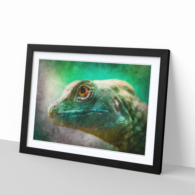 Green Lizard - Picture Frame Graphic Art Print, 62cm H x 87cm W x 2cm D, Black Framed