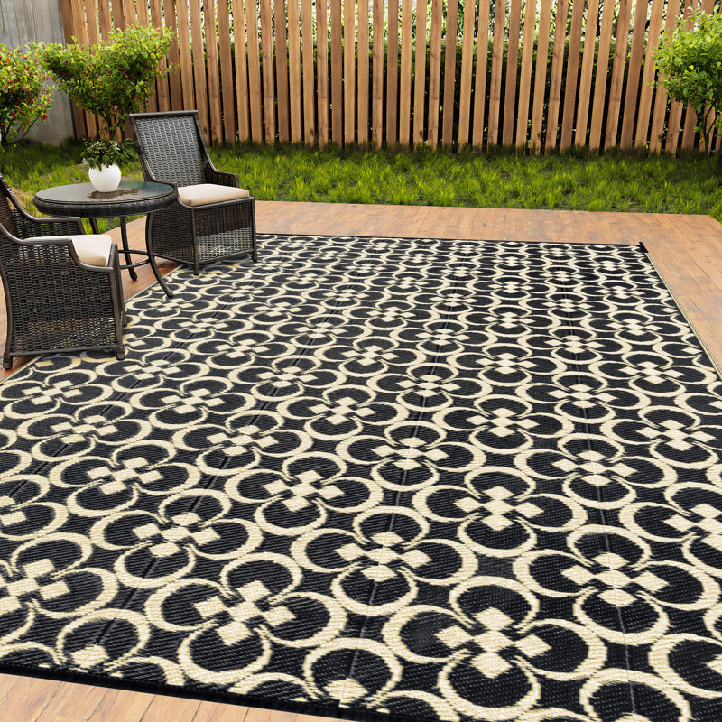 Outdoor Ornate Floral Geometric Area Rug in Brown, Rectangle 6' x 9', Brown