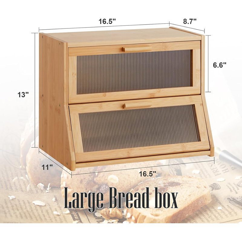 Double Layer Bamboo Bread Box For Kitchen Counter,Large Capacity Bread Storage Bin,Bread Container With Acrylic Wavy Door Panel (Natural)