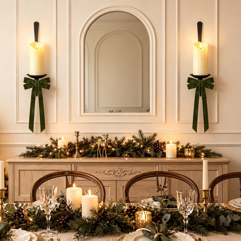 Set of 2 Festive Christmas Wall Candle Sconces, Wall‑Mounted Christmas Candle Holder with Velvet Bows, Pink Wall Decor for Living Room & Fireplace Mantel