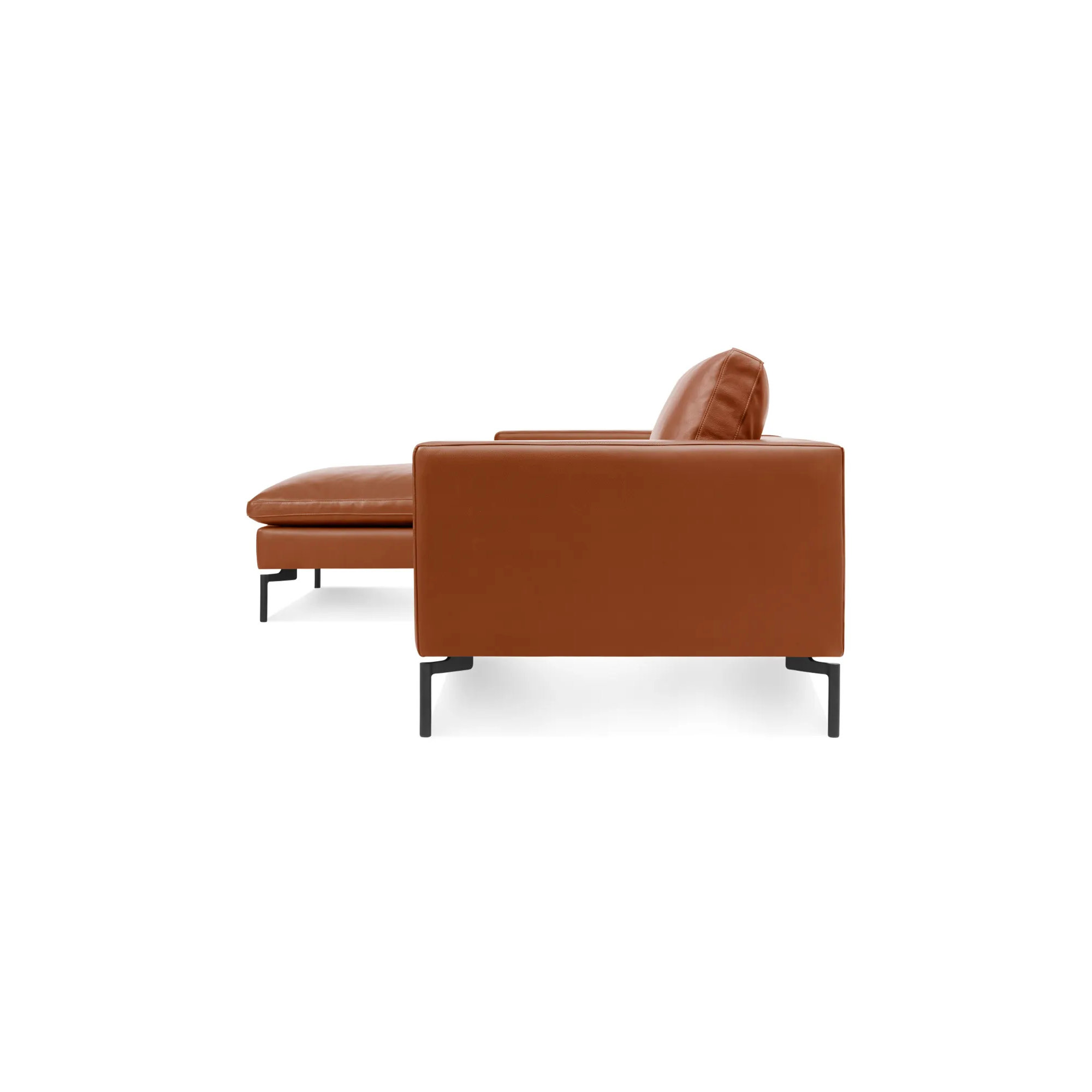 New Standard Upholstered Chaise L-Sectional, Toffee Leather, Left Hand Facing, Black