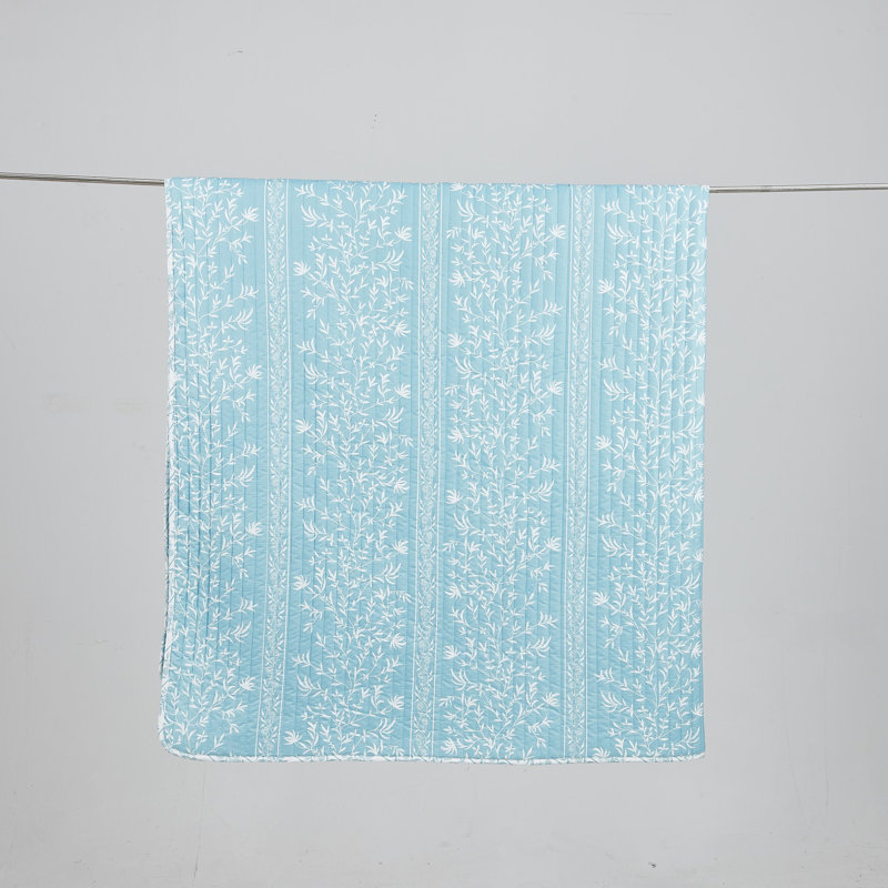 Twin Linear Floral Blue Microfiber Reversible Quilt Set