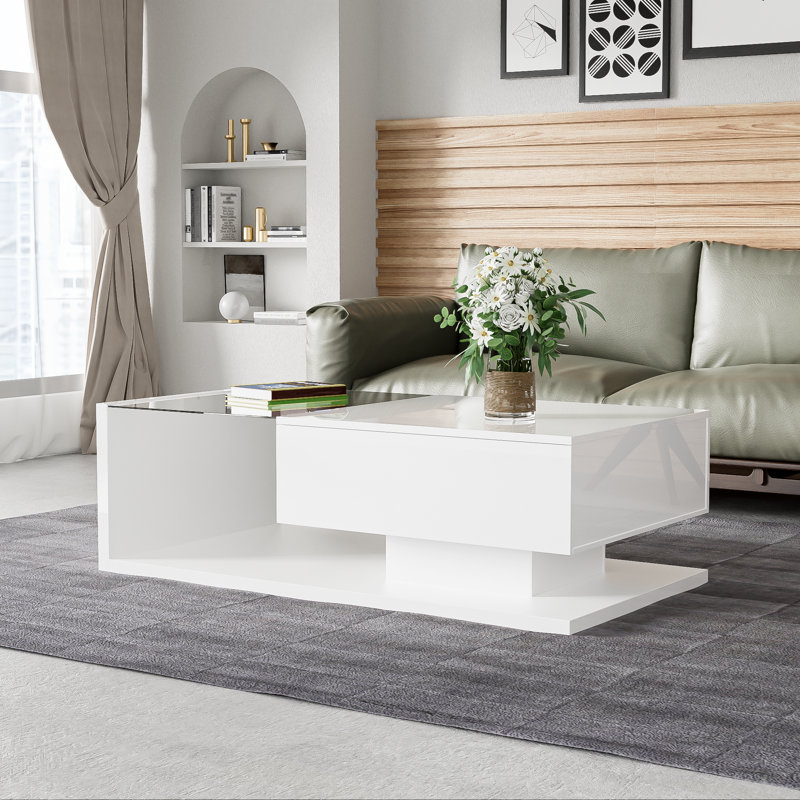 Camecia Pedestal Coffee Table with Storage, White, White