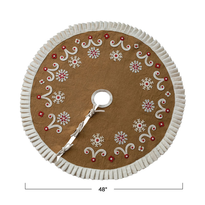 Handcrafted Snowflake Wool Felt Tree Skirt with Embroidery and Ruffled Edge