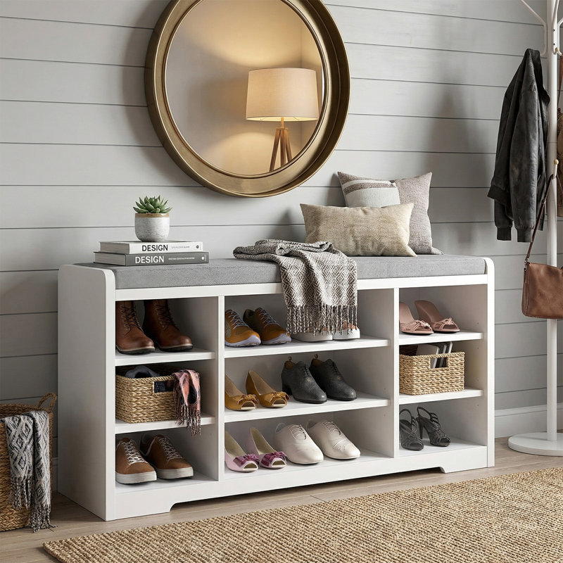 Banc de rangement à chaussures blanc à 9 cubes avec siège rembourré pour vestibule, couloir et garde-robe