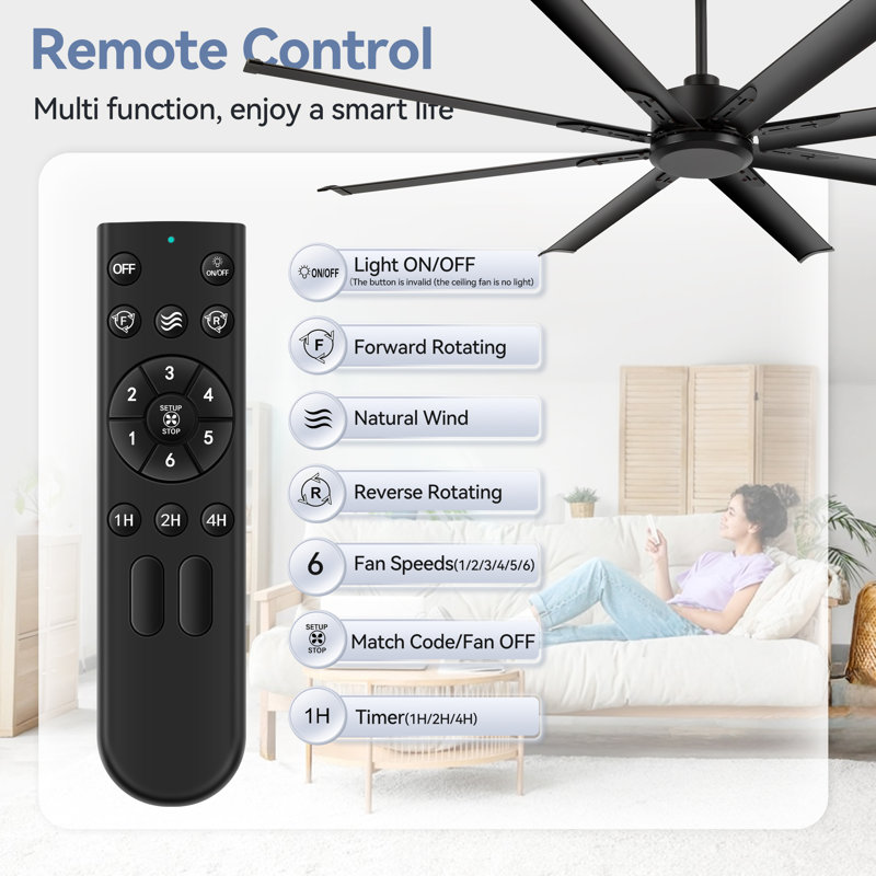 96 Inch Black Industrial DC Motor Ceiling Fan, Large Ceiling Fan With 8 Reversible Blades, 6-Speed Remote Control, Home Or Commercial Ceiling Fans For Porch/Garage/Shop