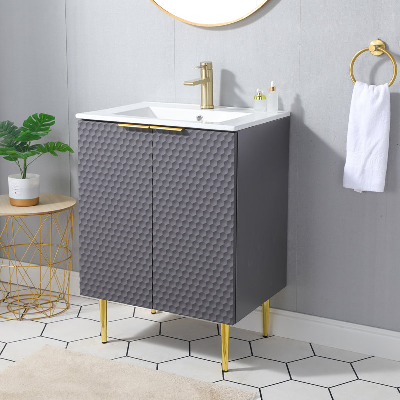 Meuble-lavabo simple autoportant 24 po gris avec plateau en céramique blanche 24 po