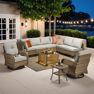 Emroy 8 - Person Wicker/Rattan Sectional Seating Group with Lighted Coffee Table and Swivel Chairs, All Weather Modular Outdoor Conversation Set with Cushions