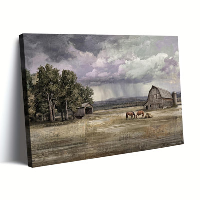 «Rustic Farm Barn with Horses and Stormy Sky», art mural sur toile tendue