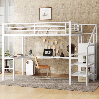 Lit mezzanine double avec bureau en L et USB, lit mezzanine en métal avec garde-robe et tablette réglable, lit mezzanine haut avec DEL pour enfants, adolescents, adultes, blanc