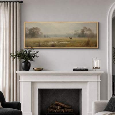 «Rustic Countryside Farm Landscape with Grazing Cow Vintage», reproduction d'art sur toile encadrée