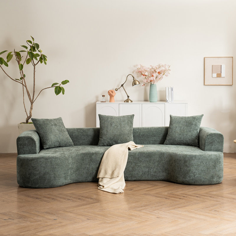 Stylish Style Modern style curved sofa, soft corduroy sofa with 3 pillows, Green