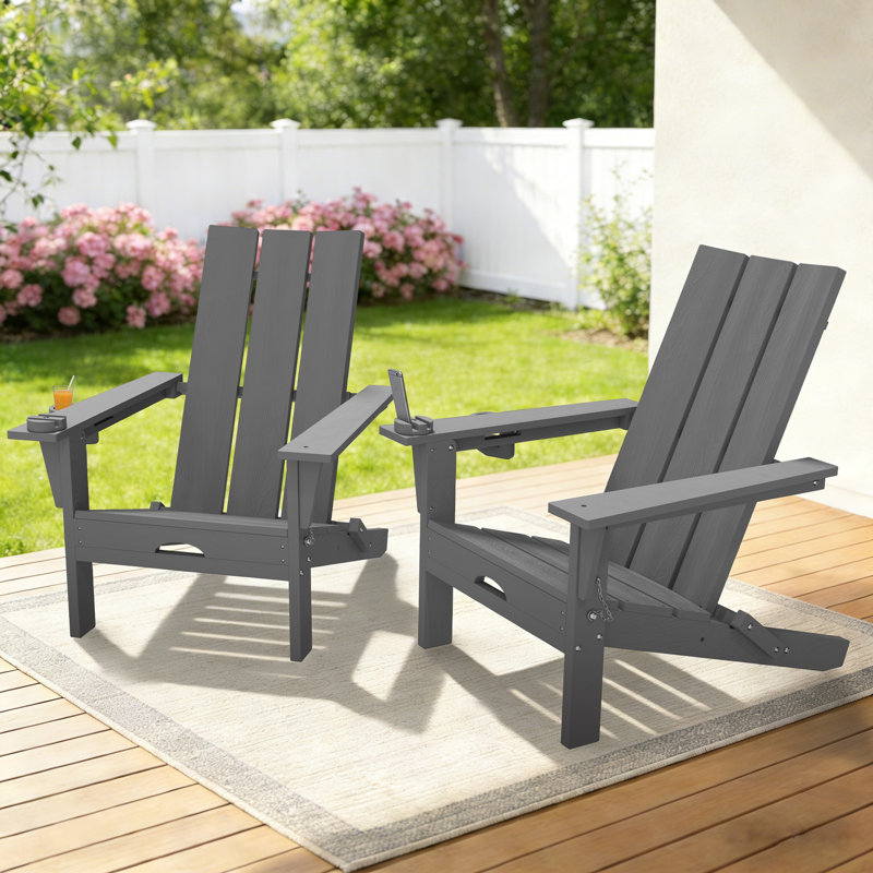 Ensemble de 2 chaises Adirondack pliables en PEHD avec support pour téléphone portable Maillet (ensemble de 2), Gris, 2
