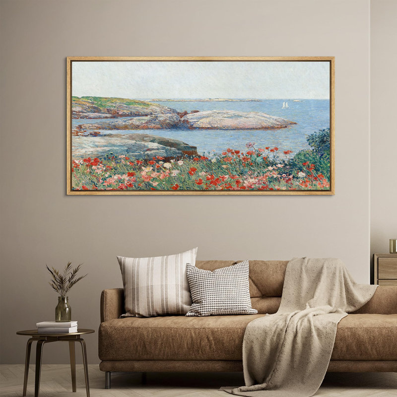 Coastal Beach Seaside Coastal Landscape with Blooming Flowers Antique Retro Fine Art Art, impression encadrée colorée