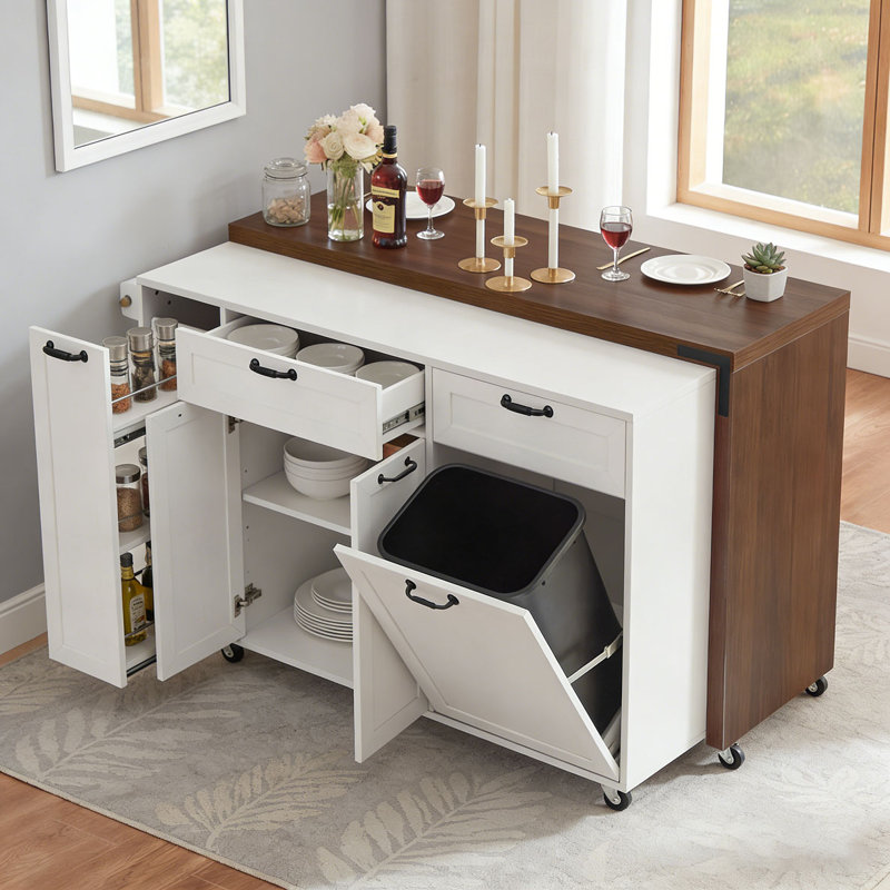 102.3" Kitchen Island with Extendable Dining Table, Kitchen Rolling Island Cart with Trash Storage Cabinet, White