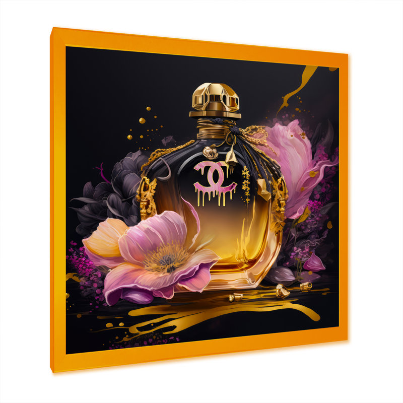 «Chic Perfume Bottle With Pink Roses I», reproduction d'art sur toile encadrée, H 36 po x l 36 po x P 1,5 po