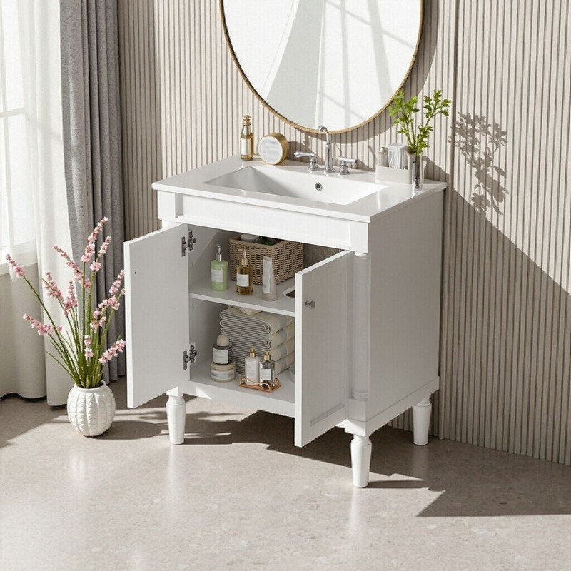 Meuble-lavabo de 30 pouces avec lavabo en céramique et portes à fermeture douce, Blanc
