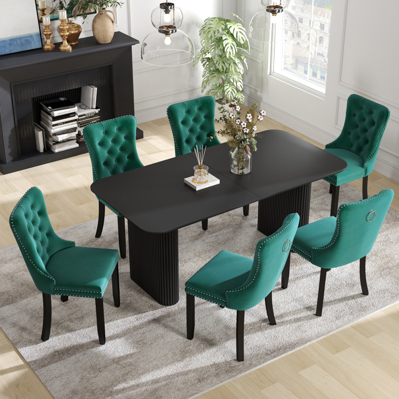 Ensemble de salle à manger rectangulaire à double piédestal avec table de salle à manger de style crème, 7, Vert