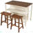 Solid Wood Rustic 3-Piece Stationary Kitchen Island Set With 2 Seatings, Rubber Wood Butcher Block Dining Table Set Prep Table Set With 2 Open Shelves For Small Places