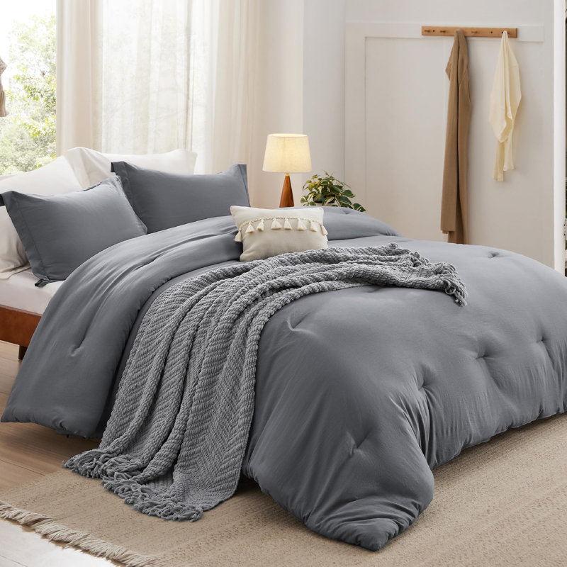 Lits dans un sac, ensemble de lit avec édredon, taies décoratives, coussin décoratif, couverture en chenille, Gris