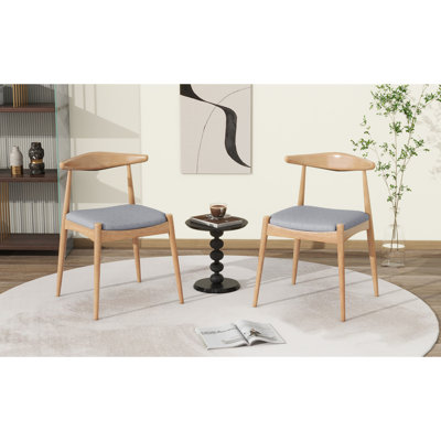 Set Of 2 Rubberwood Dining Chairs With Ergonomic Backrest & Comfort Cushions, Natural+Gray 