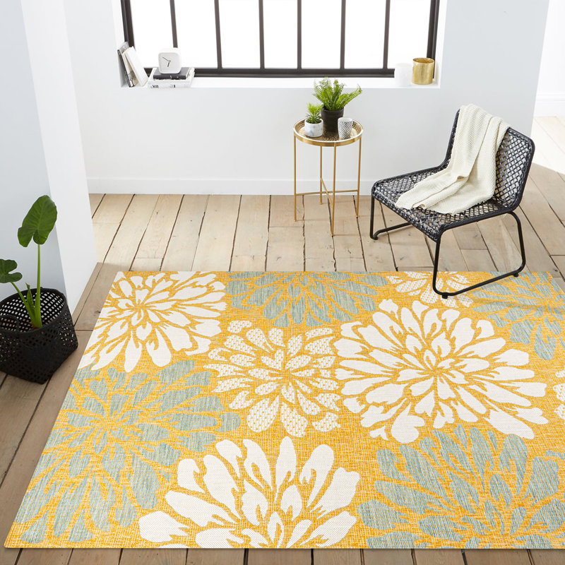 Zinnia Modern Floral Textured Weave Yellow/Cream Indoor/Outdoor Rug, Rectangle 5'3" x 7'7"