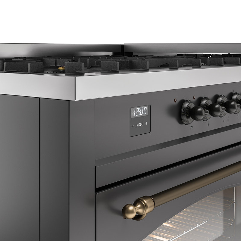 ILVE Nostalgie II Series 60 inch Dual Fuel Range with 9 Sealed Burners, Griddle (Glass Door), Graphite Matte/Bronze